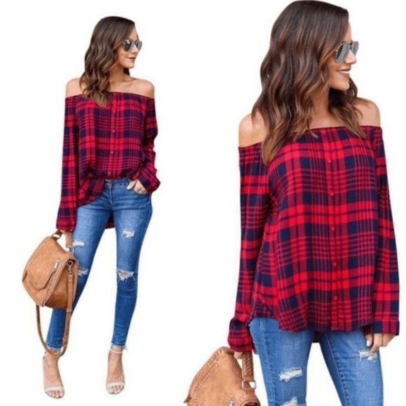 Off the Shoulder Plaid Blouse - Picture 7 of 7